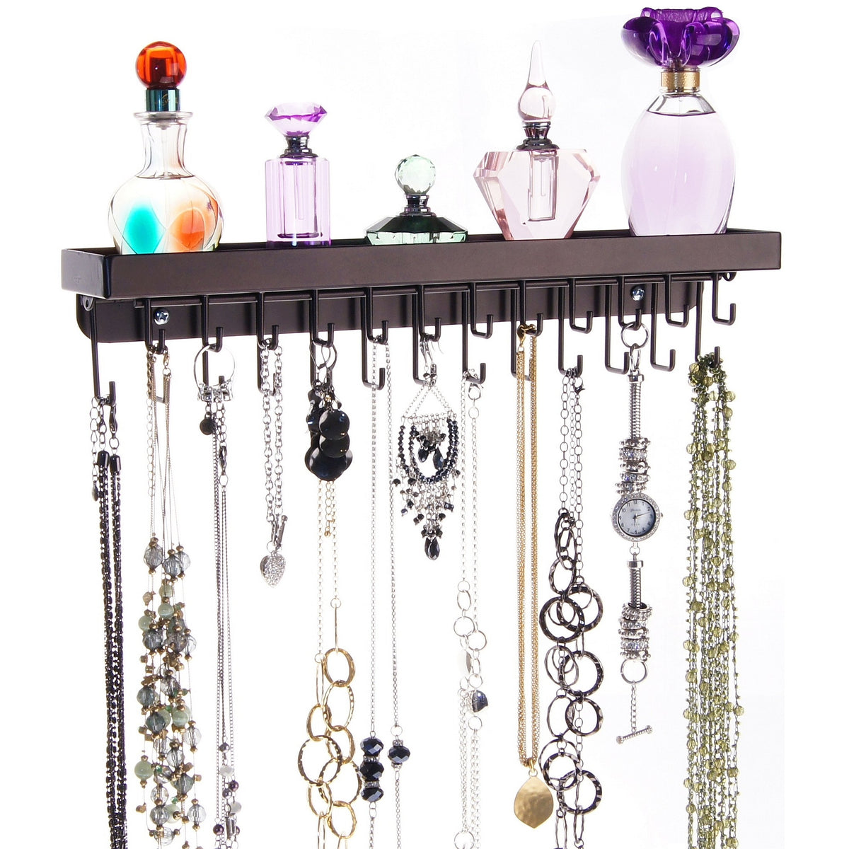 Angelynn's Wall Mount Necklace Holder Organizer Hanging Jewelry Storage Rack, Schelon Black