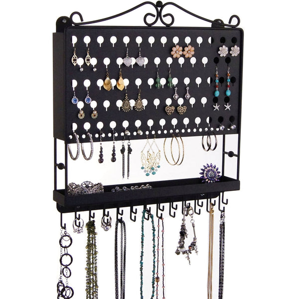 Hanging Jewelry Organizer Wall Mount Earring Holder Necklace Rack Black